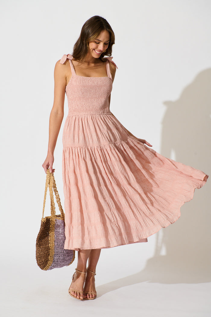 Lila Rea Maxi Sundress in Blush Swiss Dot full length