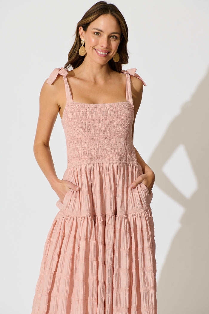 Lila Rea Maxi Sundress in Blush Swiss Dot front