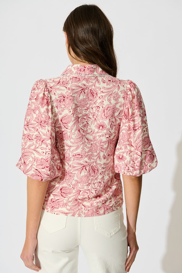 Azami Shirt in White with Pink Floral back
