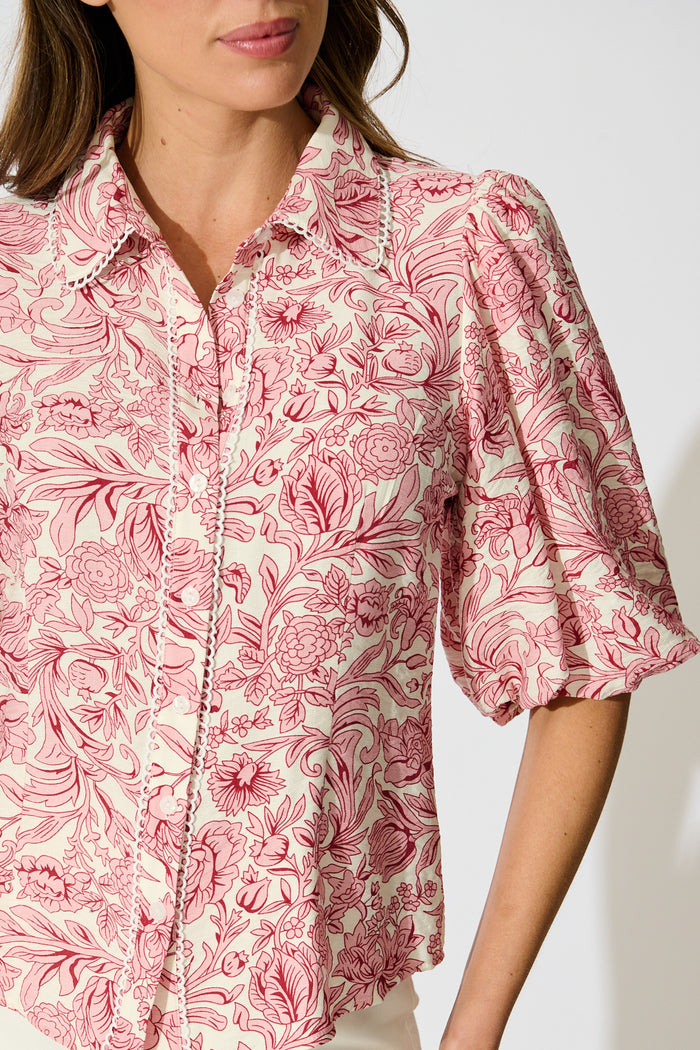 Azami Shirt in White with Pink Floral detail