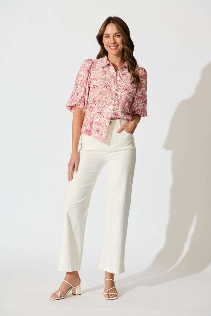 Azami Shirt in White with Pink Floral full length