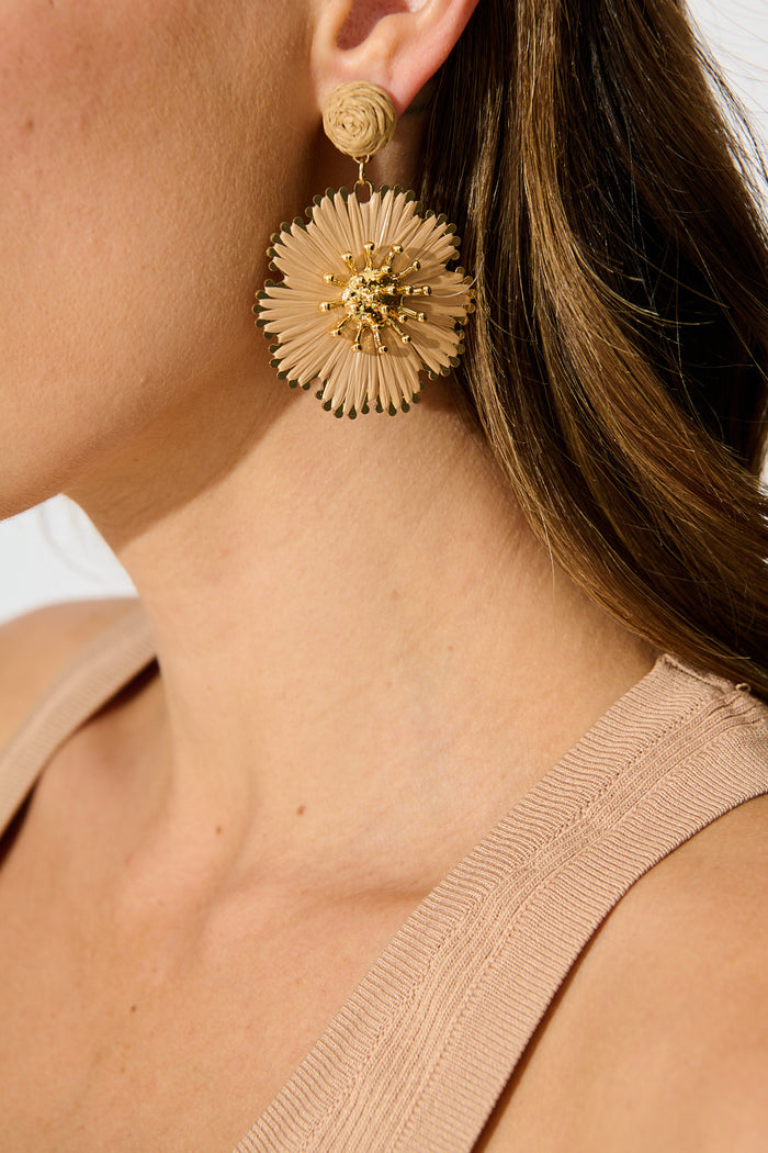 Anais Drop Earrings in Blush Raffia with Gold Accent on model closeup side