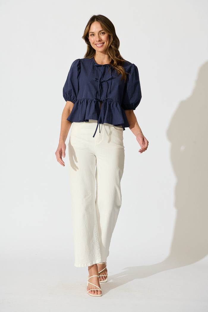 Faria Tie Front Top in Navy Cotton full length