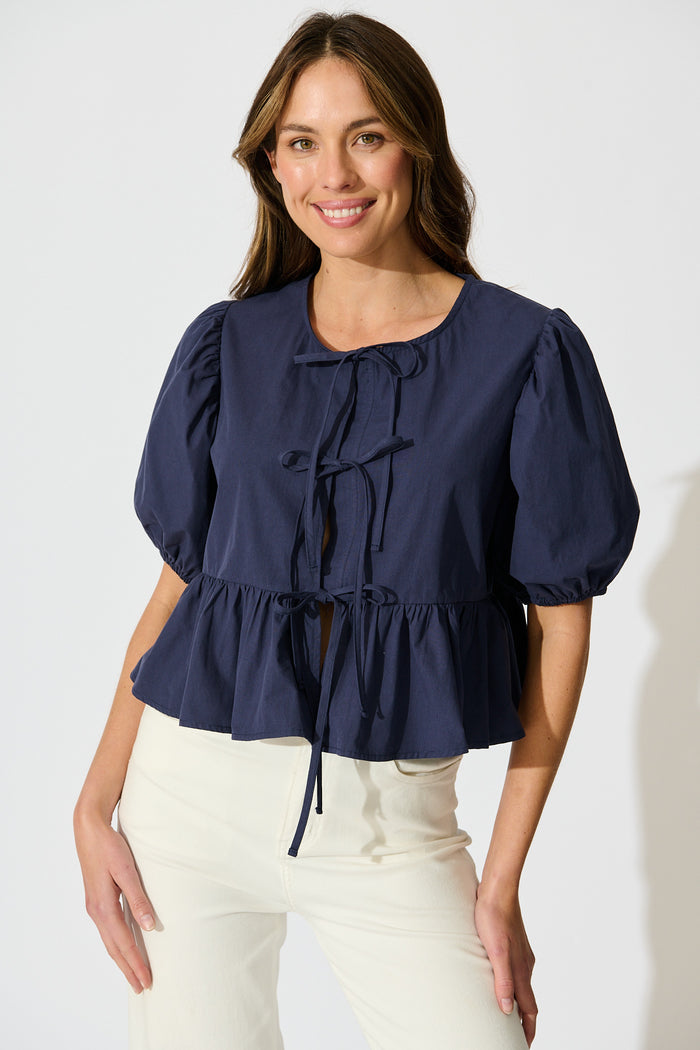 Faria Tie Front Top in Navy Cotton front
