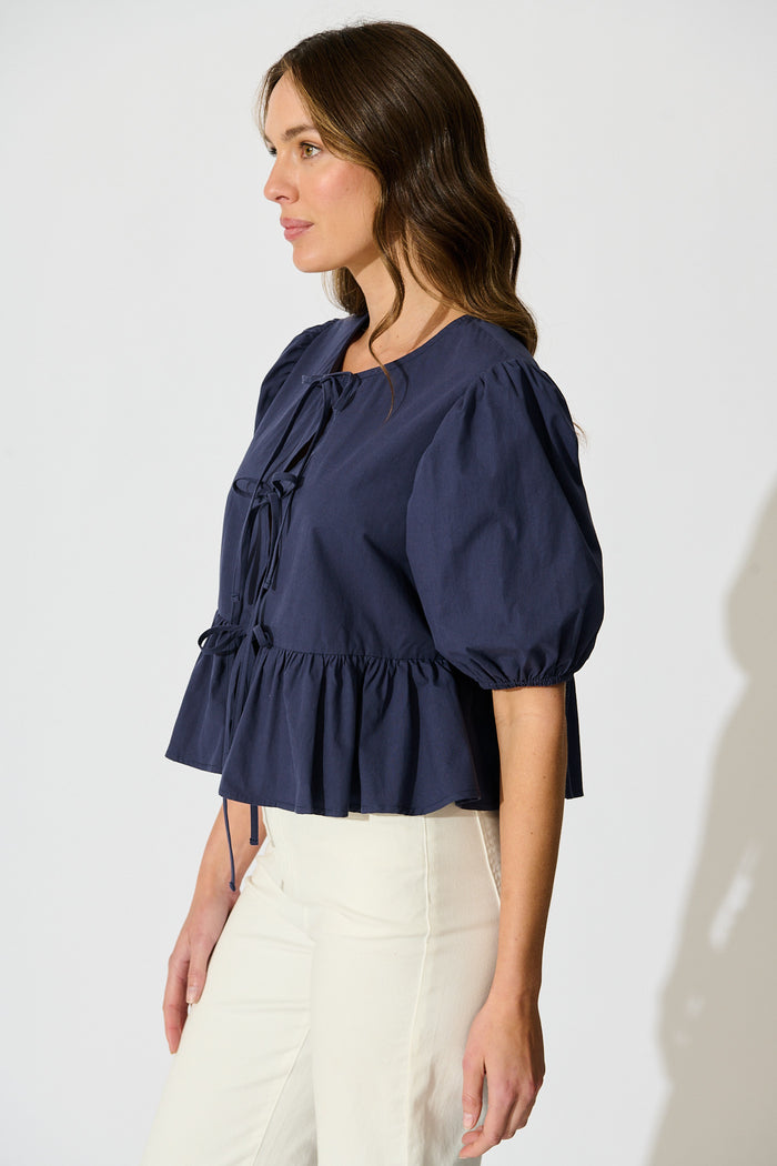 Faria Tie Front Top in Navy Cotton side