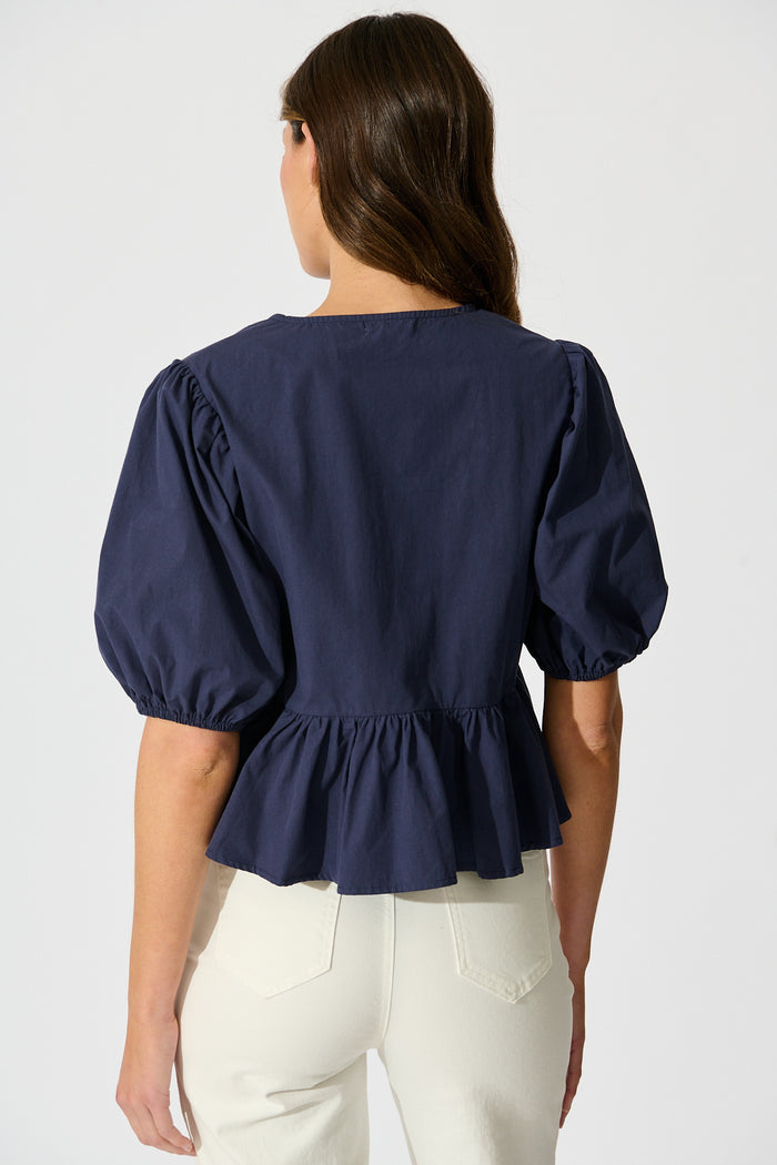 Faria Tie Front Top in Navy Cotton back