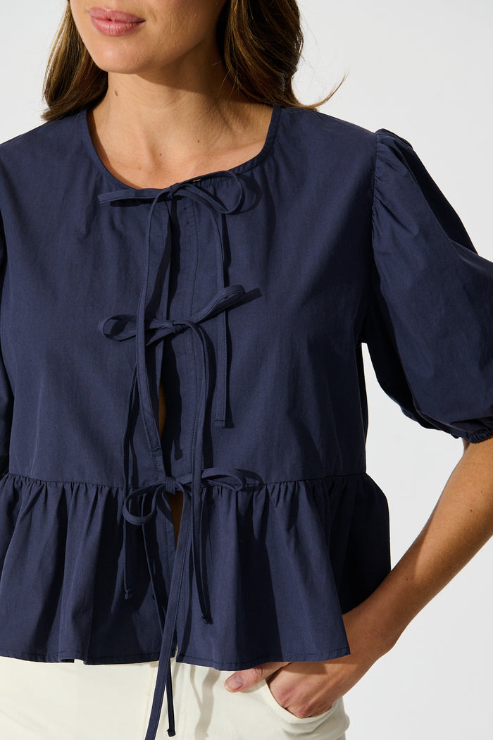 Faria Tie Front Top in Navy Cotton detail