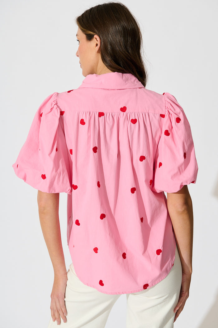 Amore Heart Shirt in Pink with Red Heart Embroidered Cotton back
