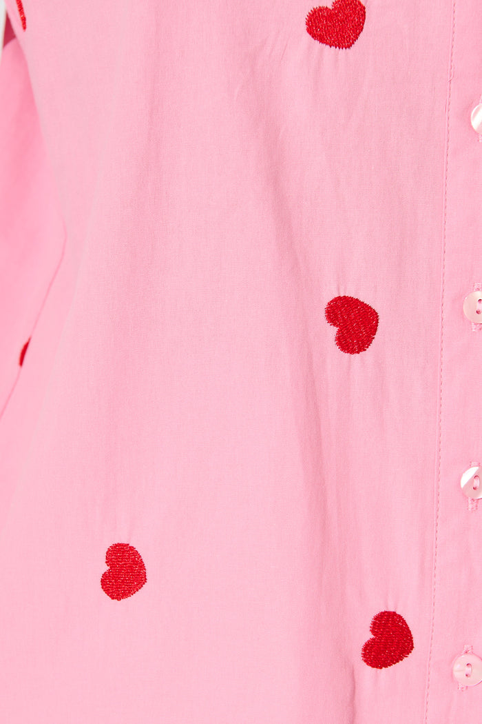 Amore Heart Shirt in Pink with Red Heart Embroidered Cotton fabric