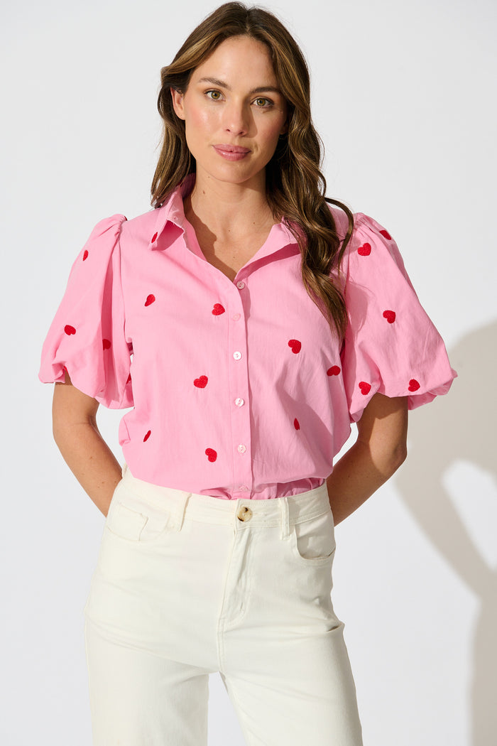 Amore Heart Shirt in Pink with Red Heart Embroidered Cotton front tucked