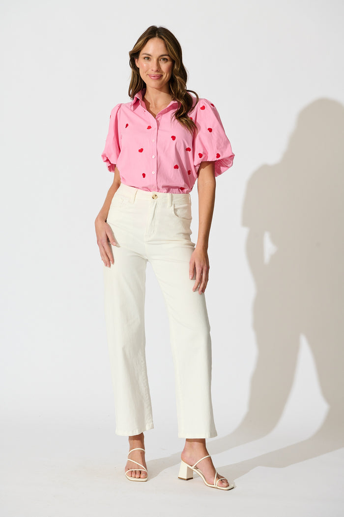 Amore Heart Shirt in Pink with Red Heart Embroidered Cotton full length