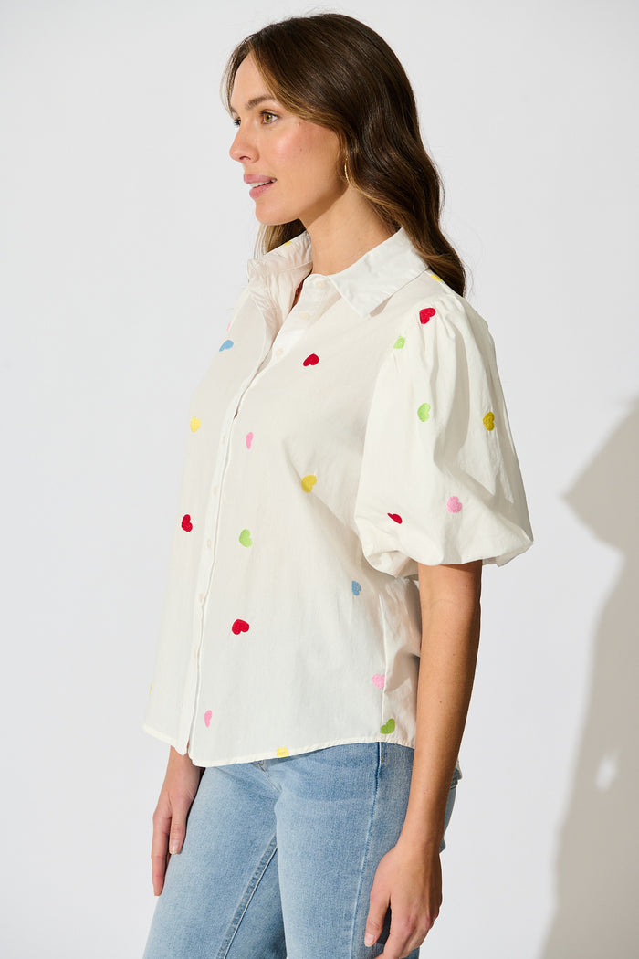 Amore Heart Shirt in White with Multi Heart Embroidered Cotton side