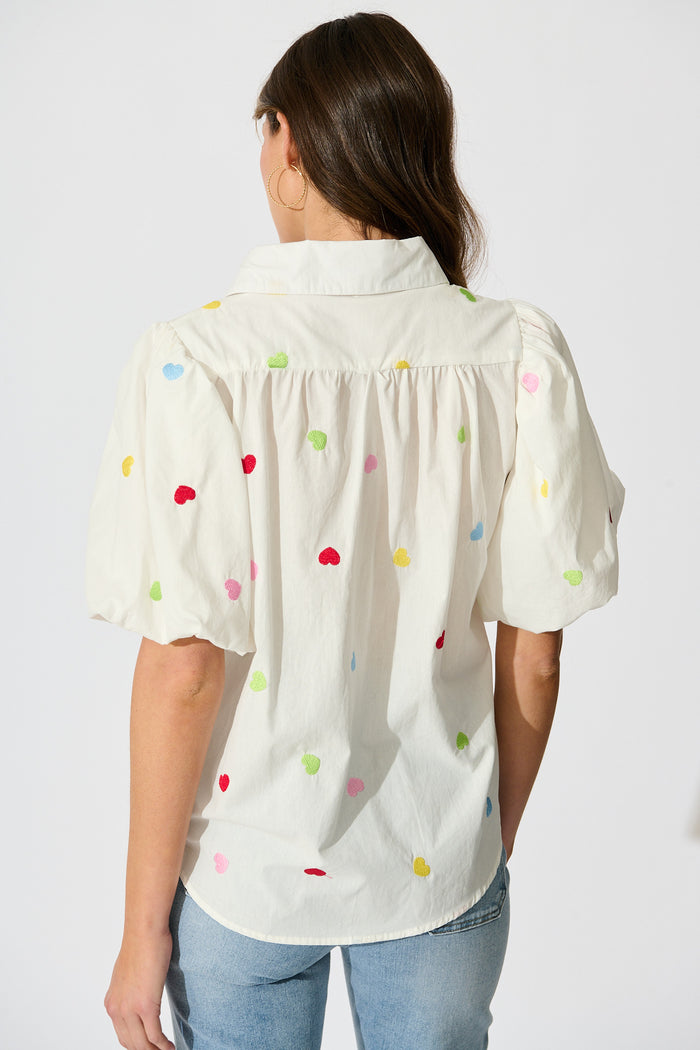 Amore Heart Shirt in White with Multi Heart Embroidered Cotton back