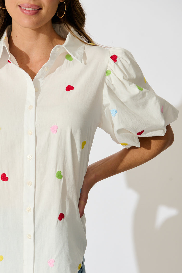 Amore Heart Shirt in White with Multi Heart Embroidered Cotton detail