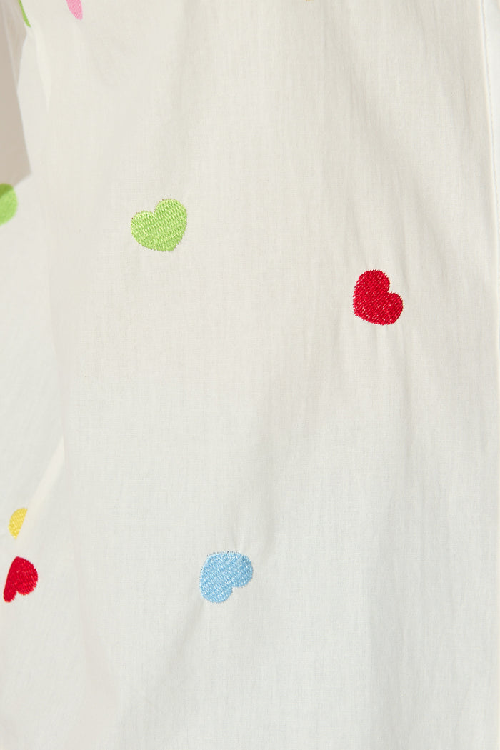 Amore Heart Shirt in White with Multi Heart Embroidered Cotton fabric