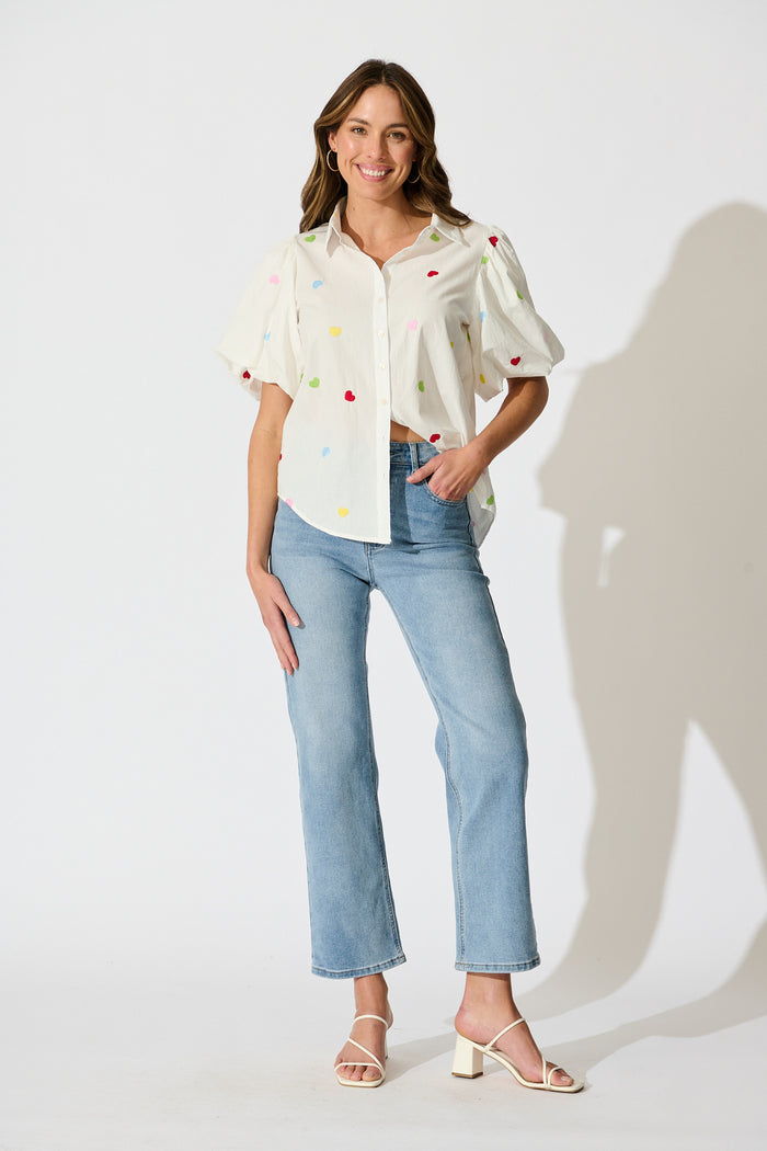 Amore Heart Shirt in White with Multi Heart Embroidered Cotton full length