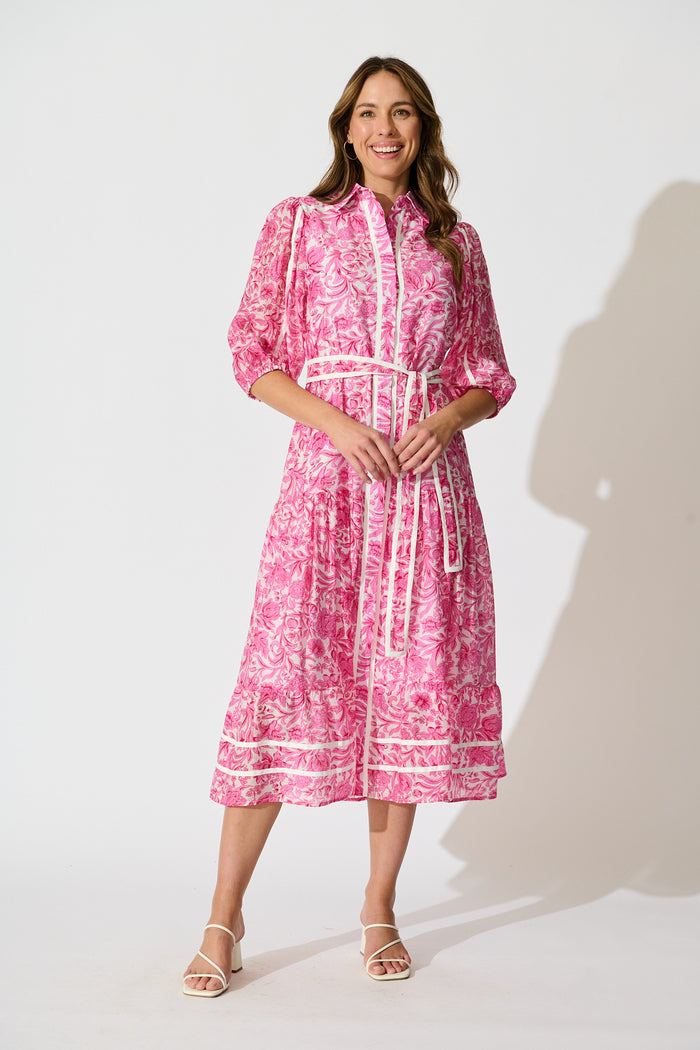 Zora Maxi Shirt Dress in Pink Floral Cotton Blend full length