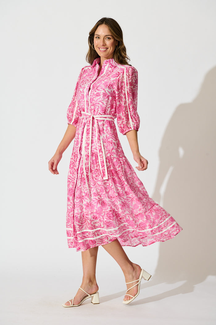 Zora Maxi Shirt Dress in Pink Floral Cotton Blend side