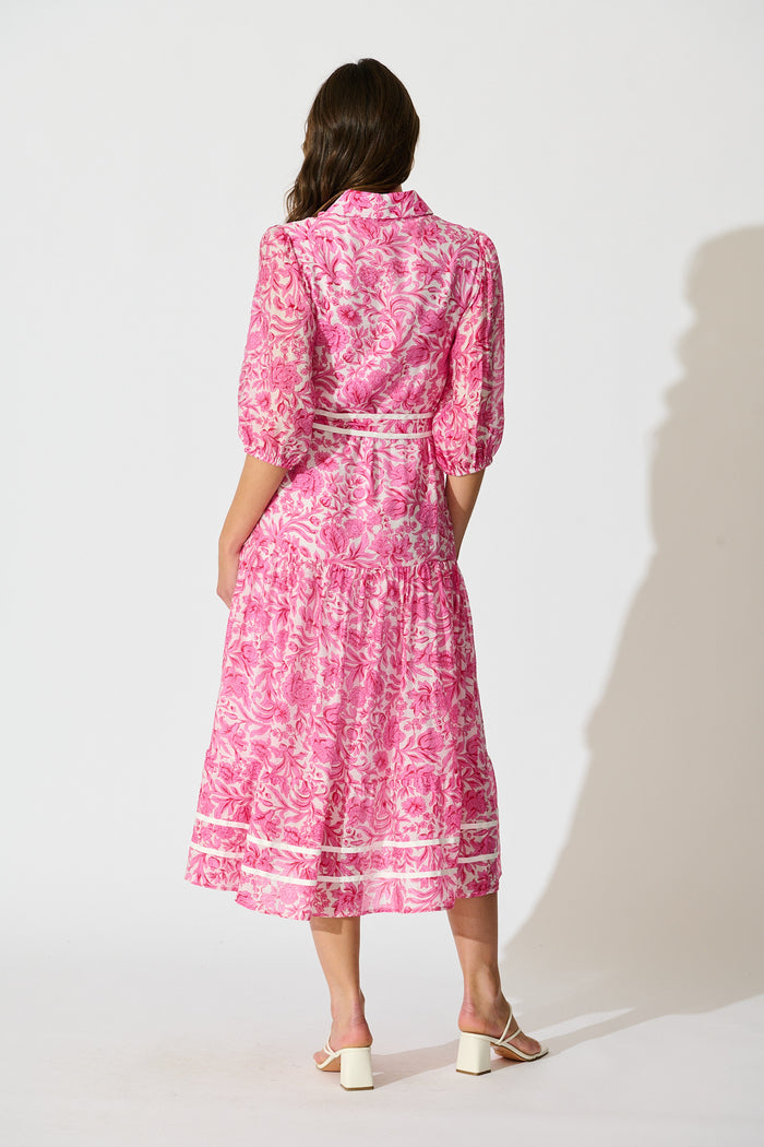 Zora Maxi Shirt Dress in Pink Floral Cotton Blend back