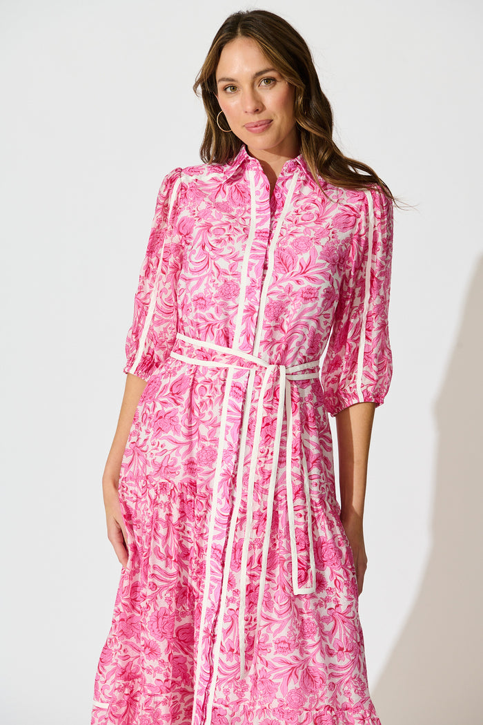 Zora Maxi Shirt Dress in Pink Floral Cotton Blend front