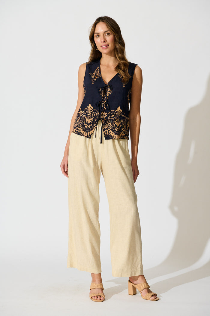 Dannica Tie Front Top in Navy with Tan Boho Linen Blend full length