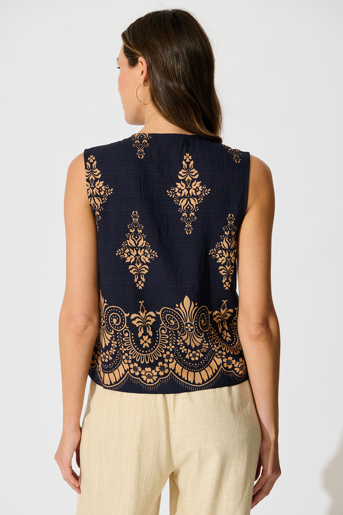 Dannica Tie Front Top in Navy with Tan Boho Linen Blend back