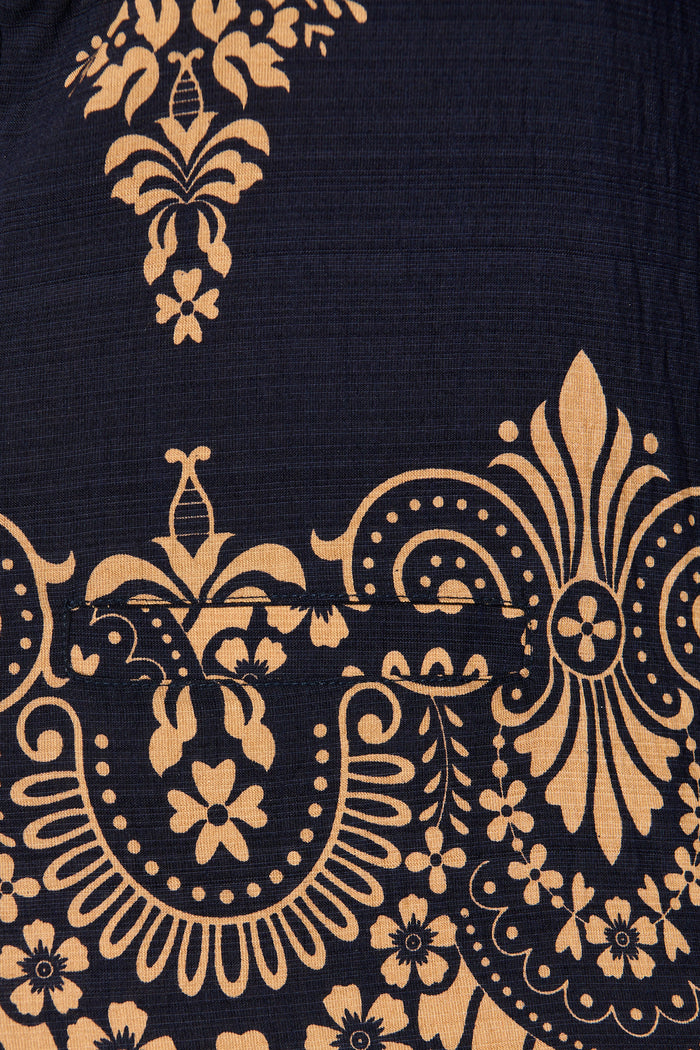 Dannica Tie Front Top in Navy with Tan Boho Linen Blend fabric