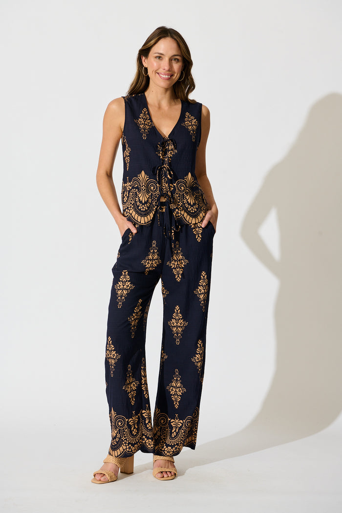 Rania Pant in Navy with Tan Boho Linen Blend full length set