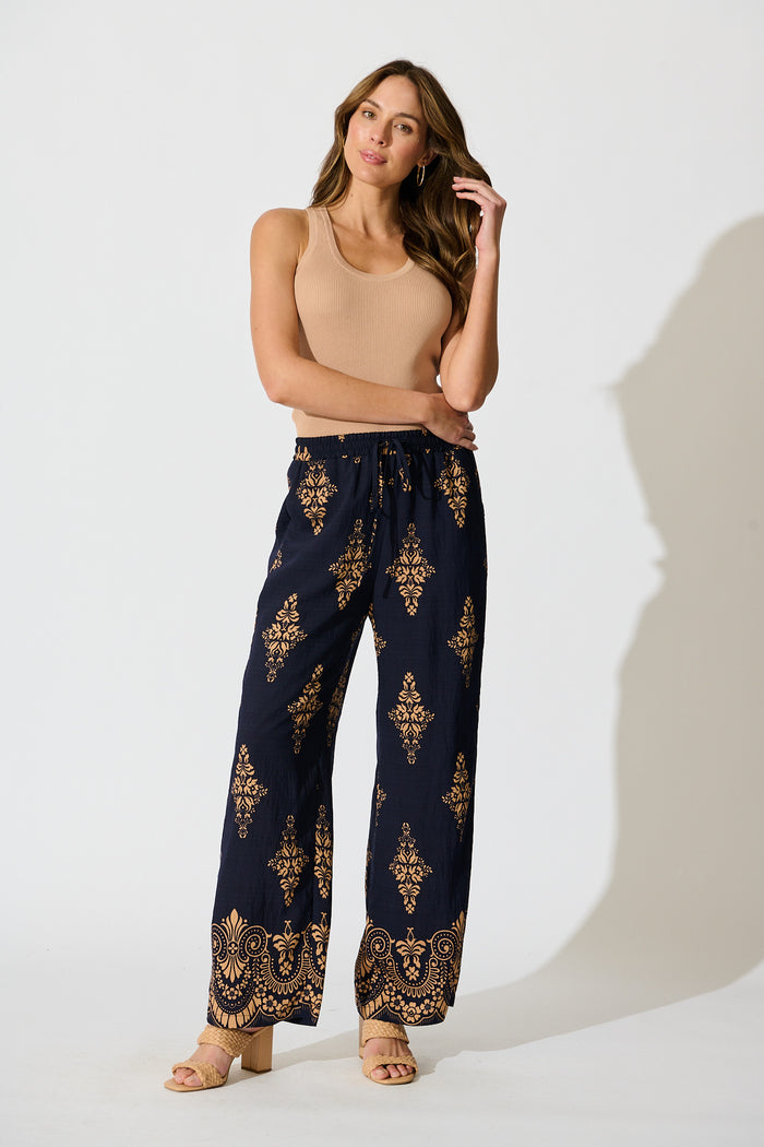 Rania Pant in Navy with Tan Boho Linen Blend full length