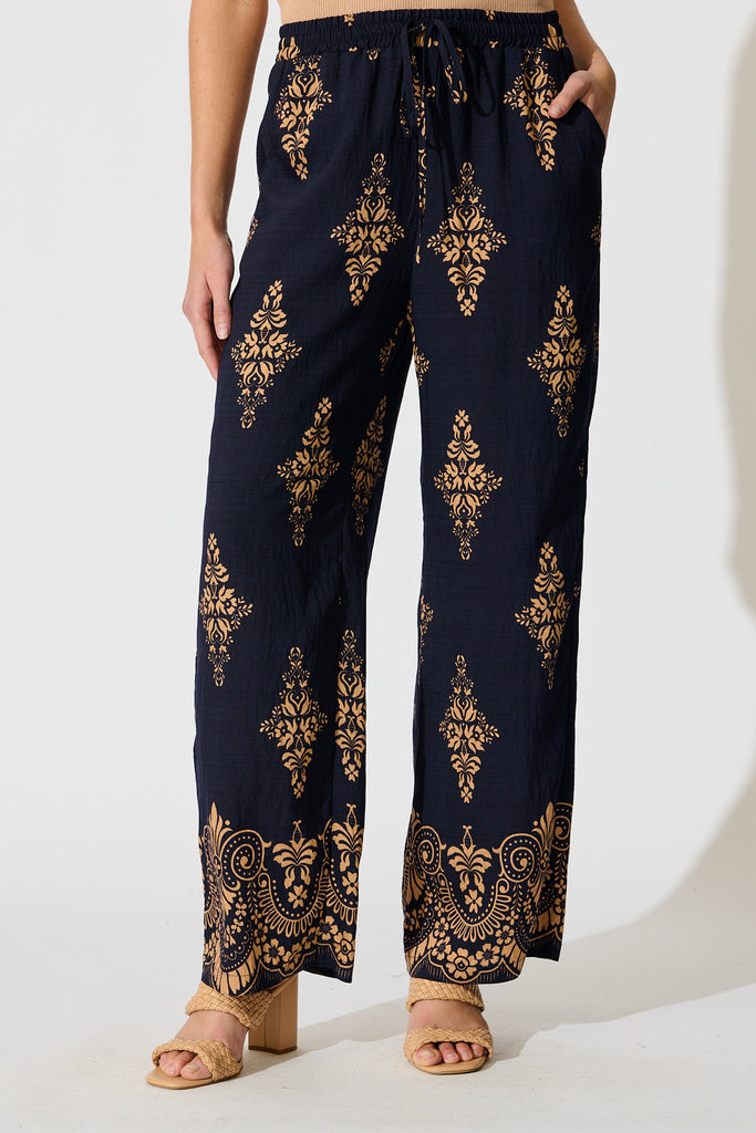 Rania Pant in Navy with Tan Boho Linen Blend front
