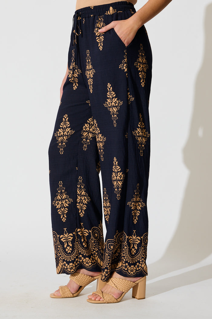 Rania Pant in Navy with Tan Boho Linen Blend side