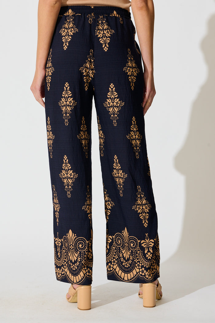 Rania Pant in Navy with Tan Boho Linen Blend back