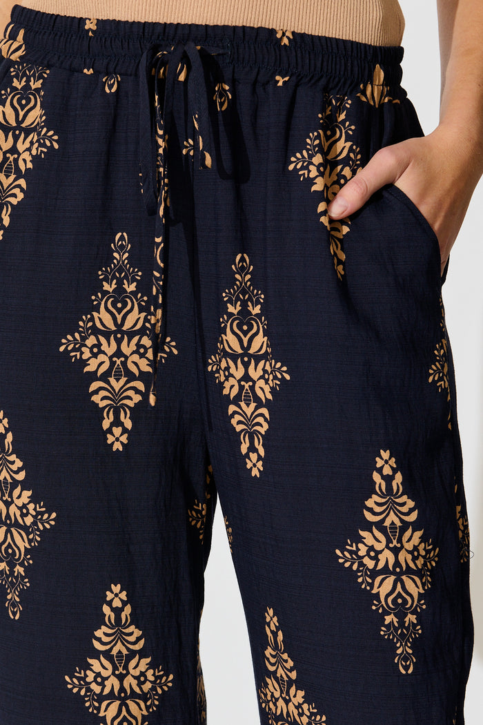 Rania Pant in Navy with Tan Boho Linen Blend detail
