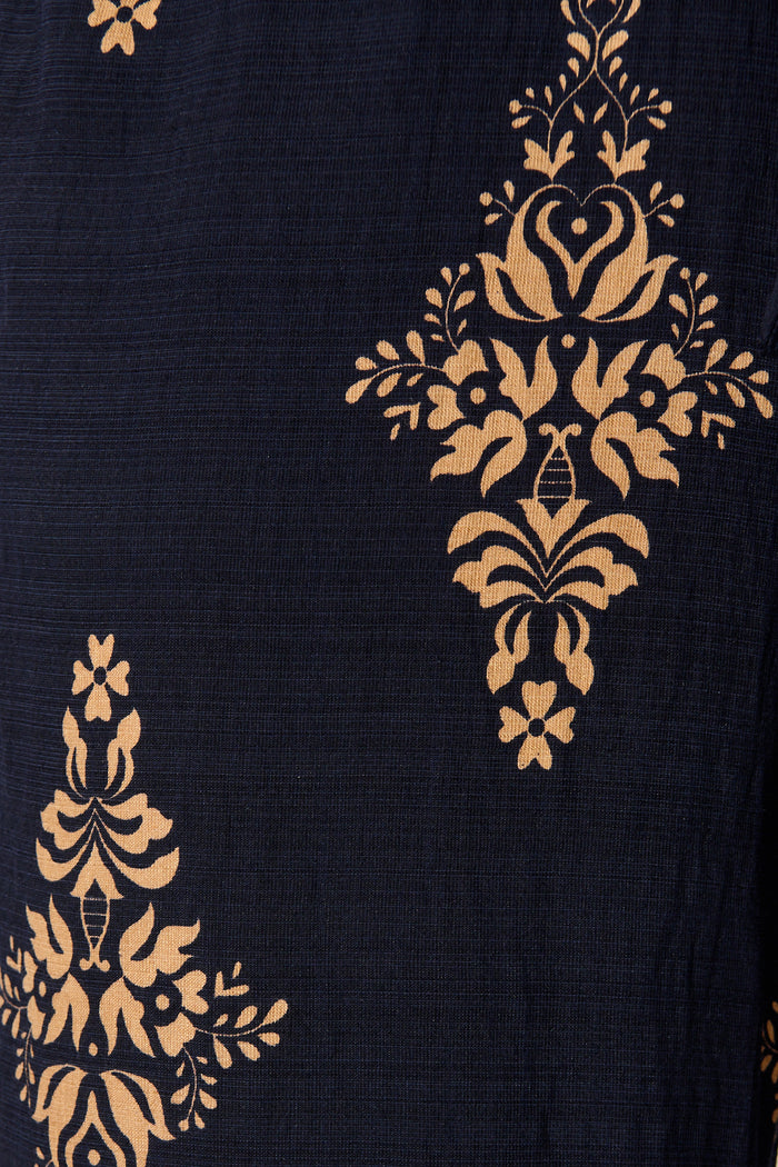 Rania Pant in Navy with Tan Boho Linen Blend fabric