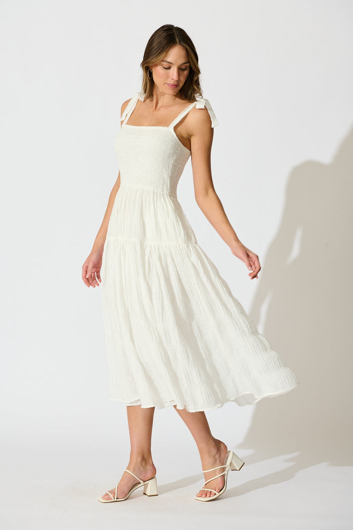 Lila Rea Maxi Sundress in White Swiss Dot full length