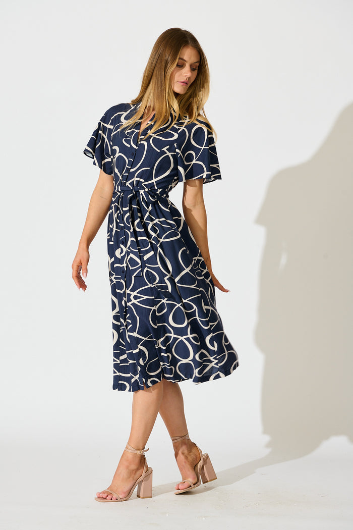 Fergie Midi Dress in Navy Geometric Print side