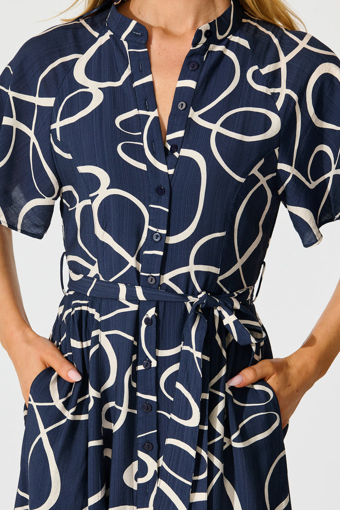 Fergie Midi Dress in Navy Geometric Print detail