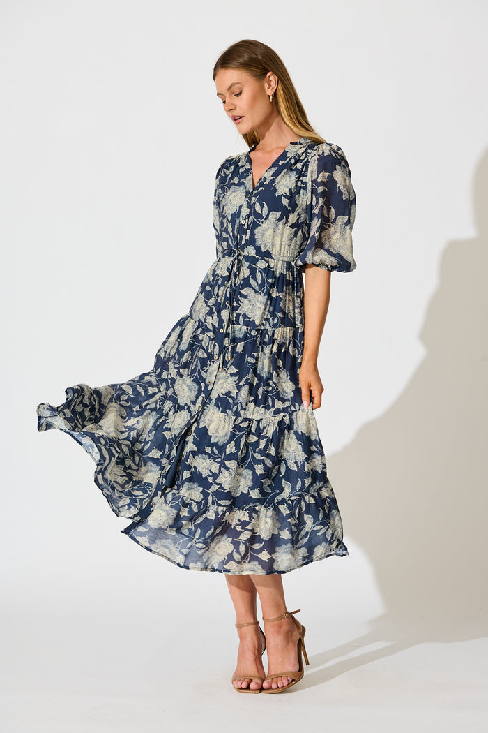 Messina Midi Dress in Navy with Cream Floral full length