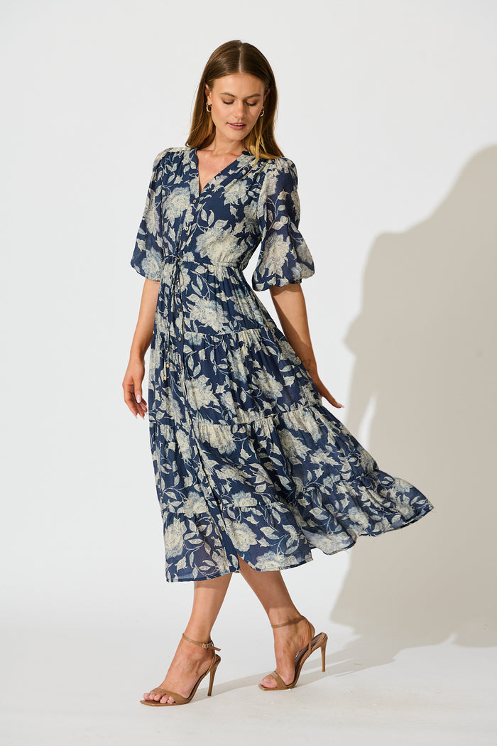 Messina Midi Dress in Navy with Cream Floral side