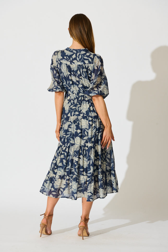 Messina Midi Dress in Navy with Cream Floral back