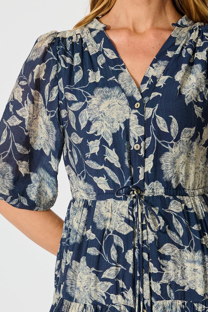 Messina Midi Dress in Navy with Cream Floral detail