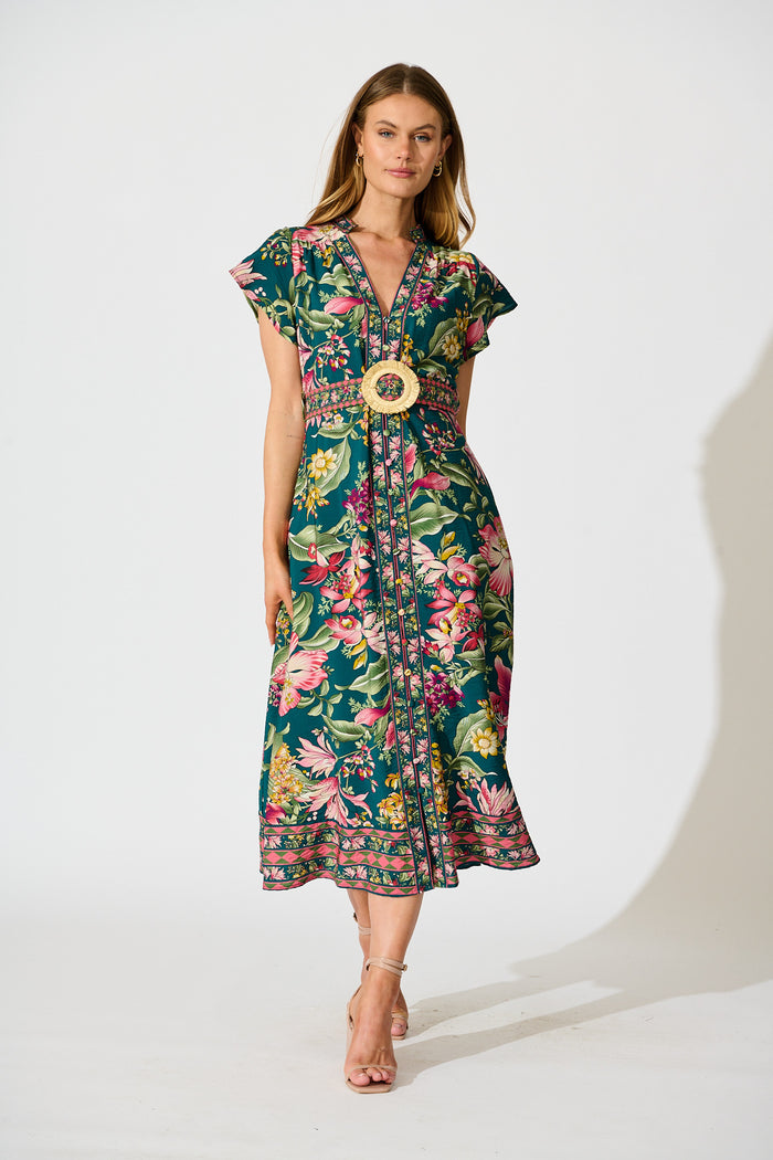 Portofino Bloom Midi Dress in Green with Multi Floral full length