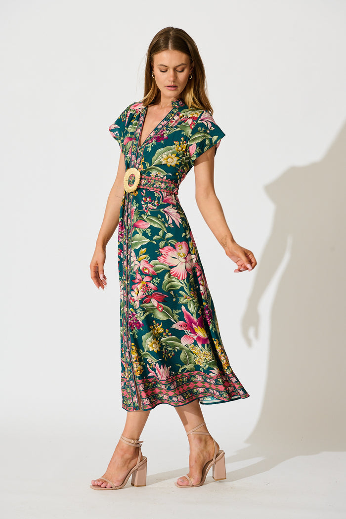 Portofino Bloom Midi Dress in Green with Multi Floral side