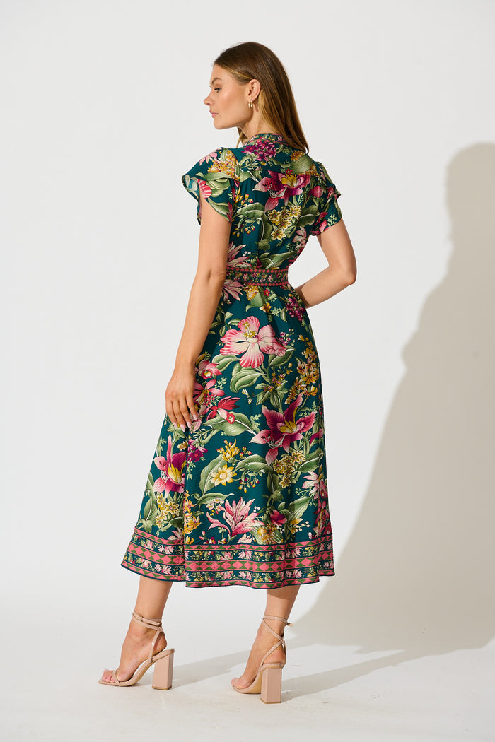 Portofino Bloom Midi Dress in Green with Multi Floral back