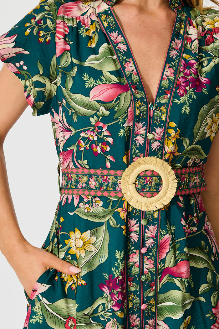 Portofino Bloom Midi Dress in Green with Multi Floral detail