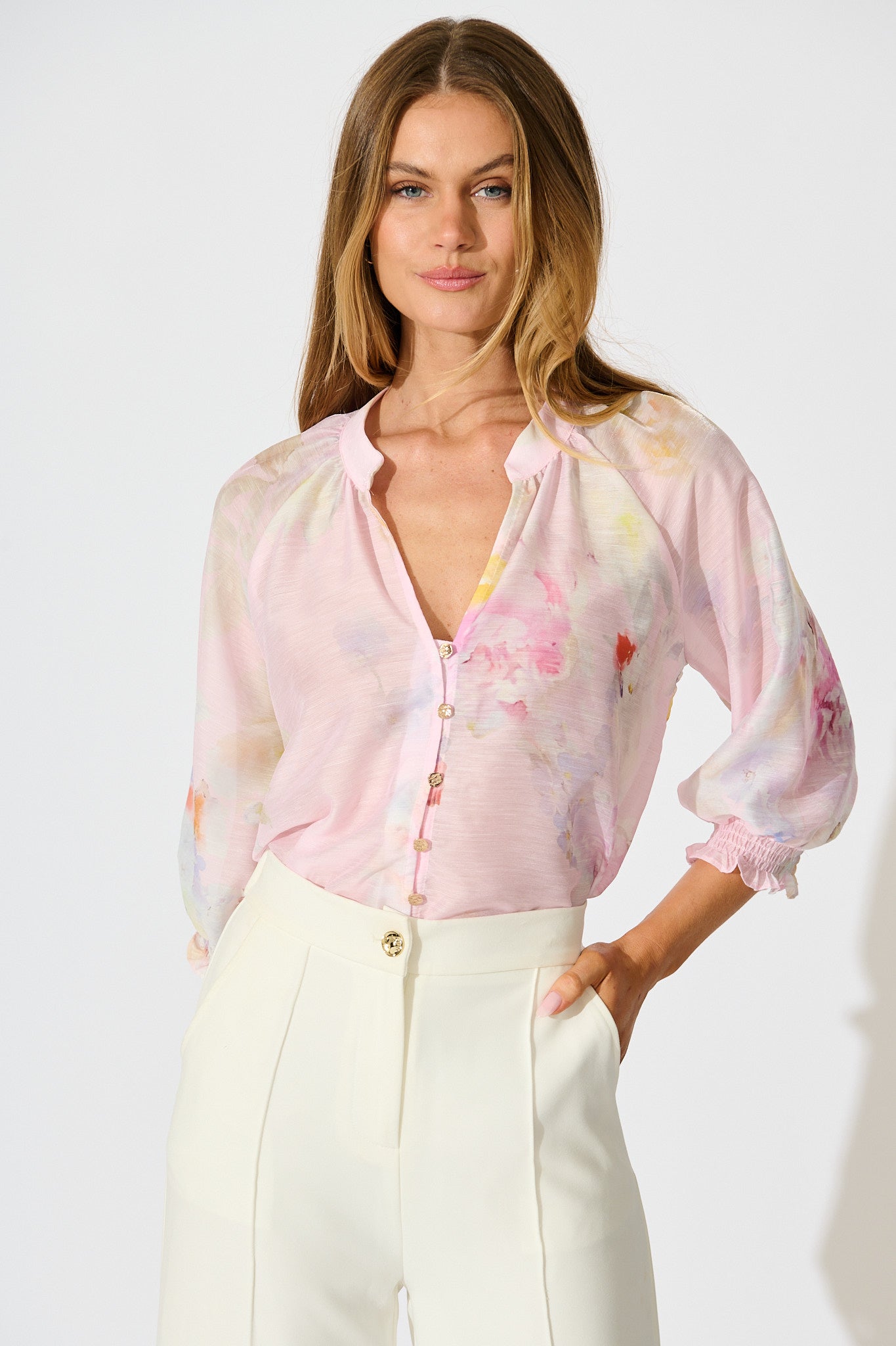 Martisha Top in Light Pink Floral front tucked