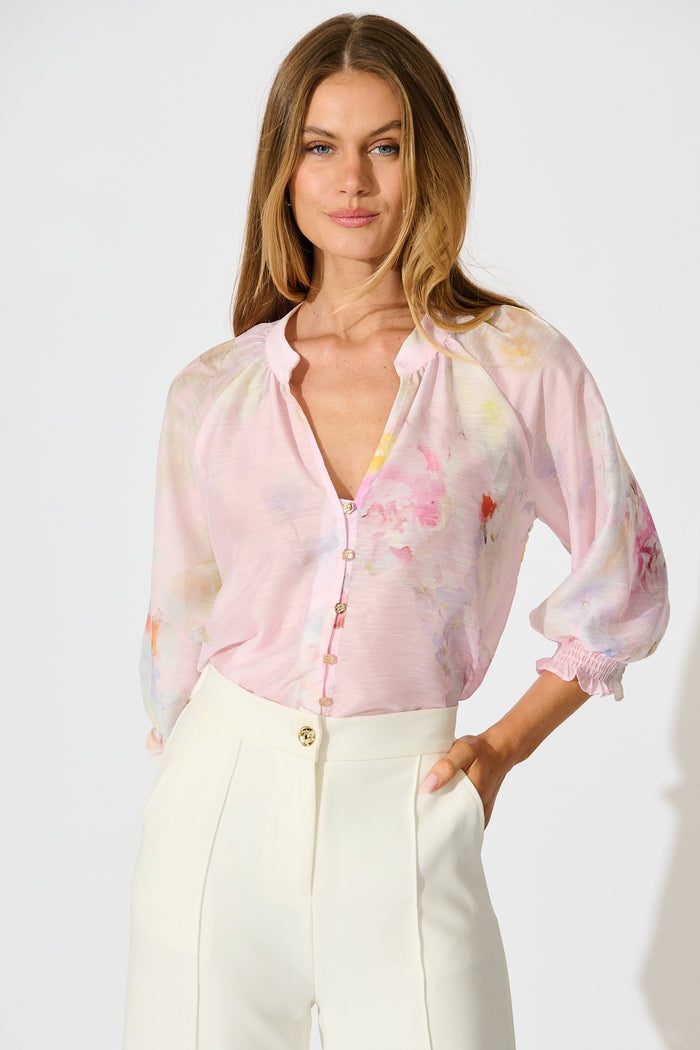 Martisha Top in Light Pink Floral front tucked
