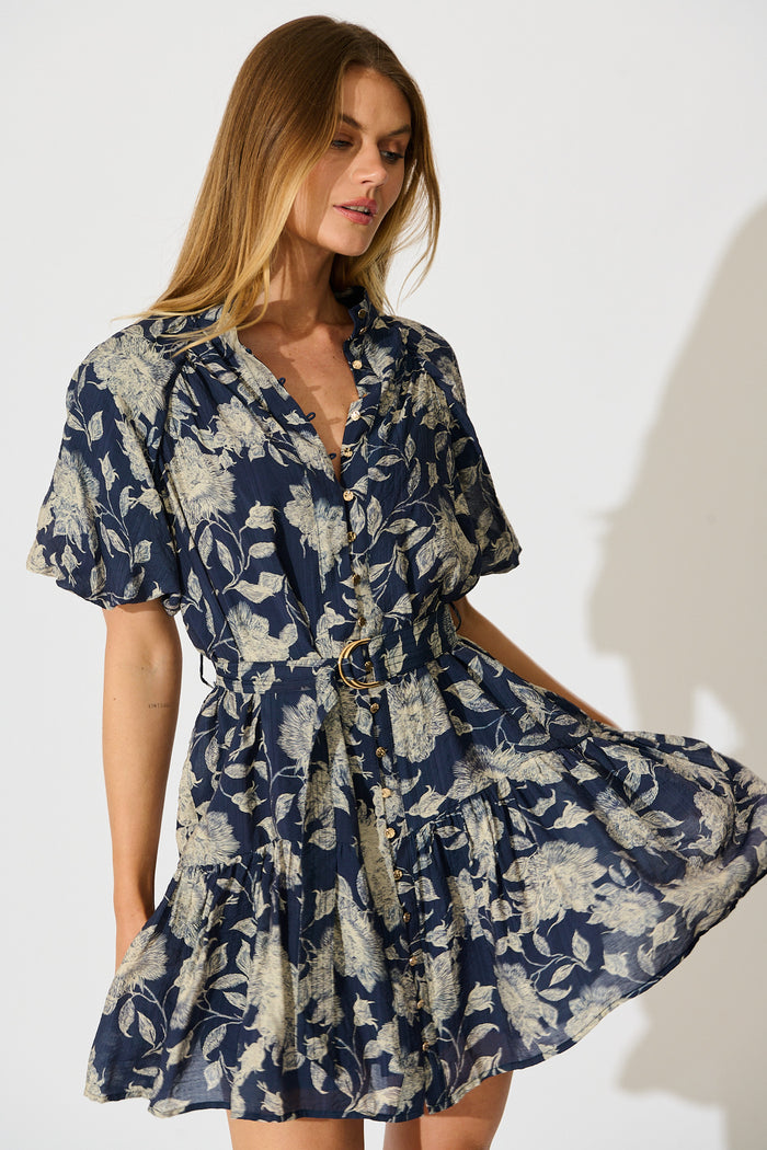 Enara Dress in Navy with Cream Floral front