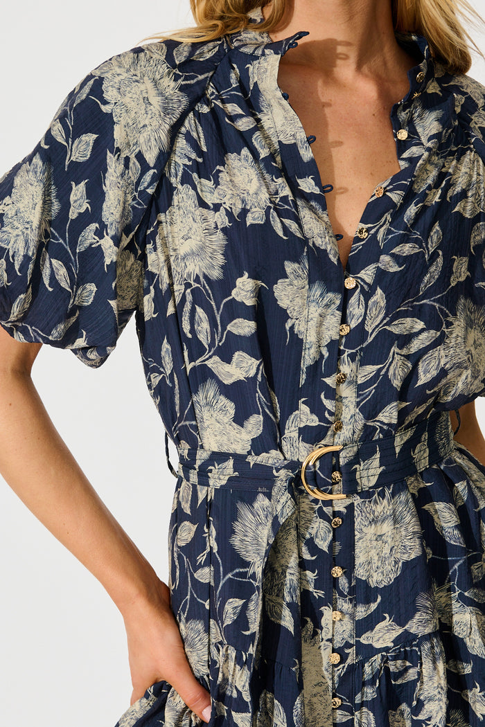 Enara Dress in Navy with Cream Floral detail