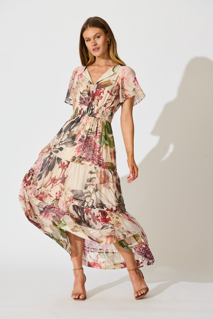 Catania Maxi Dress in Cream with Multi Floral full length